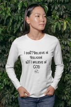 Load image into Gallery viewer, I don't Believe in Religion but I Believe in God - Women's Fitted Long Sleeve Tee